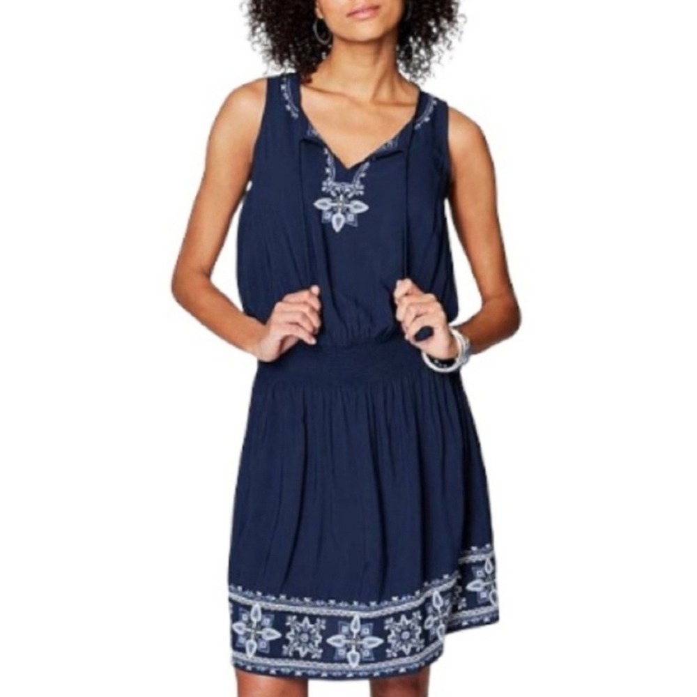 J.Jill Embroidered Dress Sleeveless Navy Blue Casual‎ Women's Small